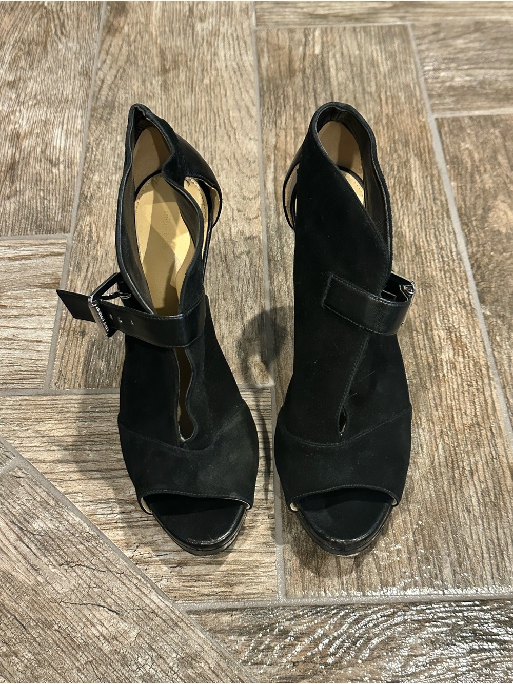 Michael Kors Black Suede Peep-Toe Ankle Strap Heels